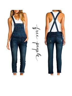 Free People FP Movement Denim Overalls Blue Distressed Stretch Size 30